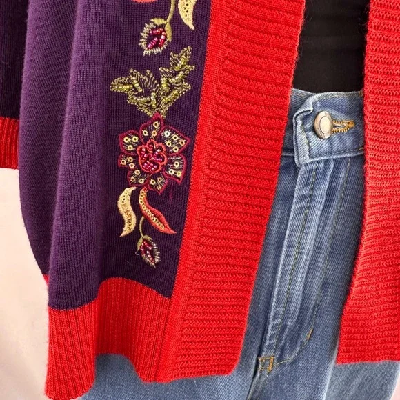 Wool‎ Blend Beaded Embroidered Sequin Open Cardigan Sweater Purple Red Floral - Picture 10 of 17